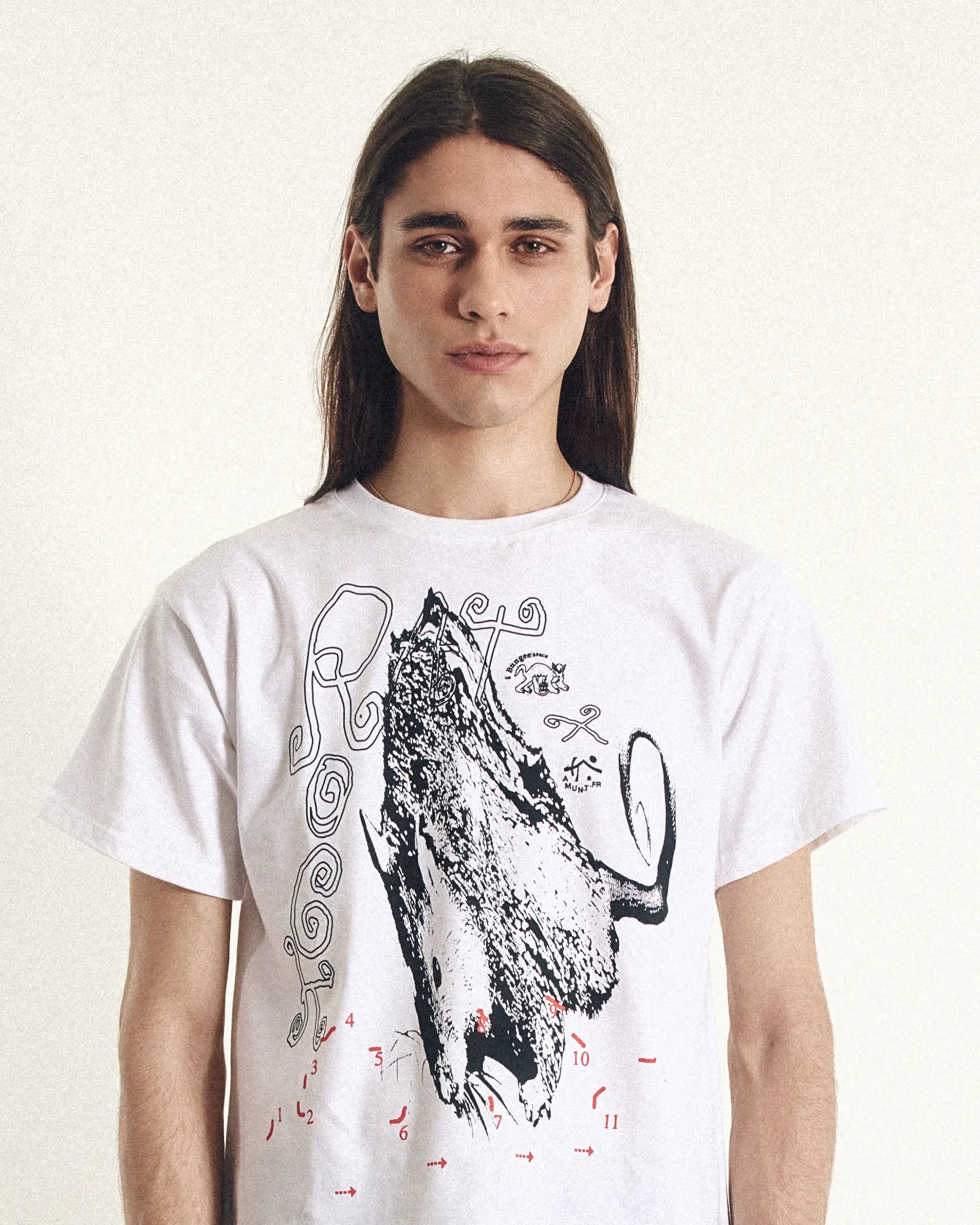 Person wearing a white t-shirt with a graphic design on a plain background