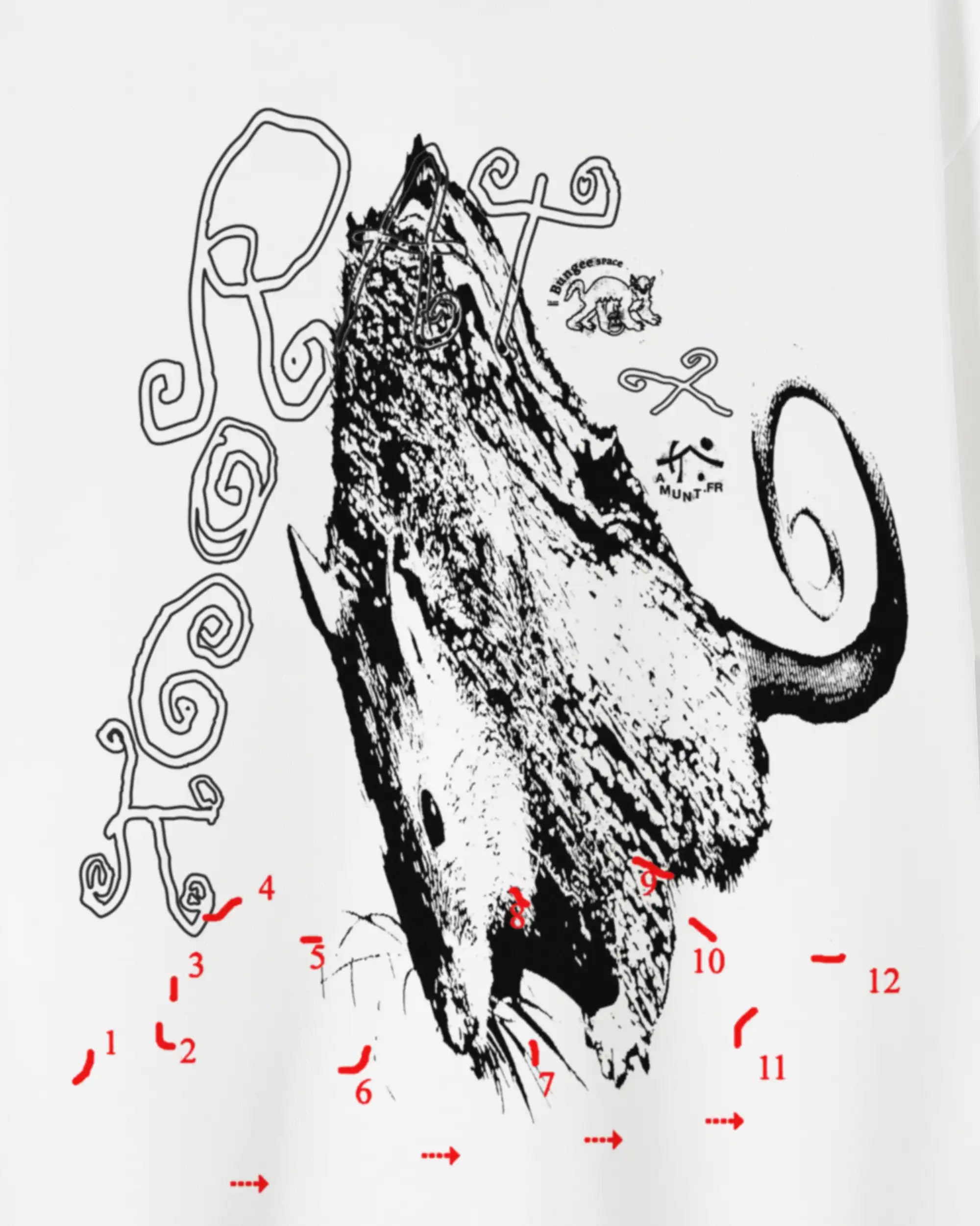 Black and white illustration of a bear with decorative elements and red numbering on a white background