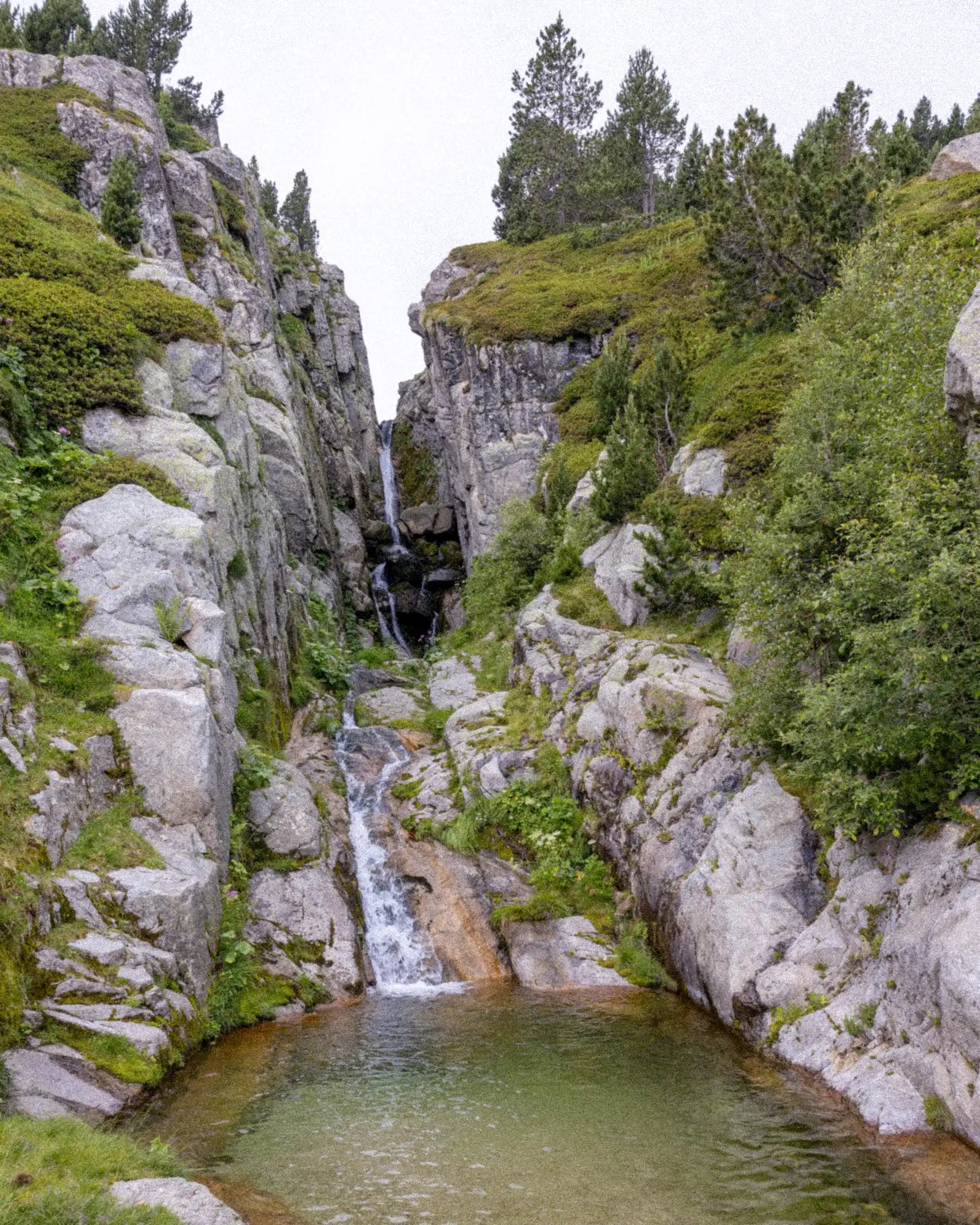 Waterfall cascading down rocky cliffs into a pool with greenery