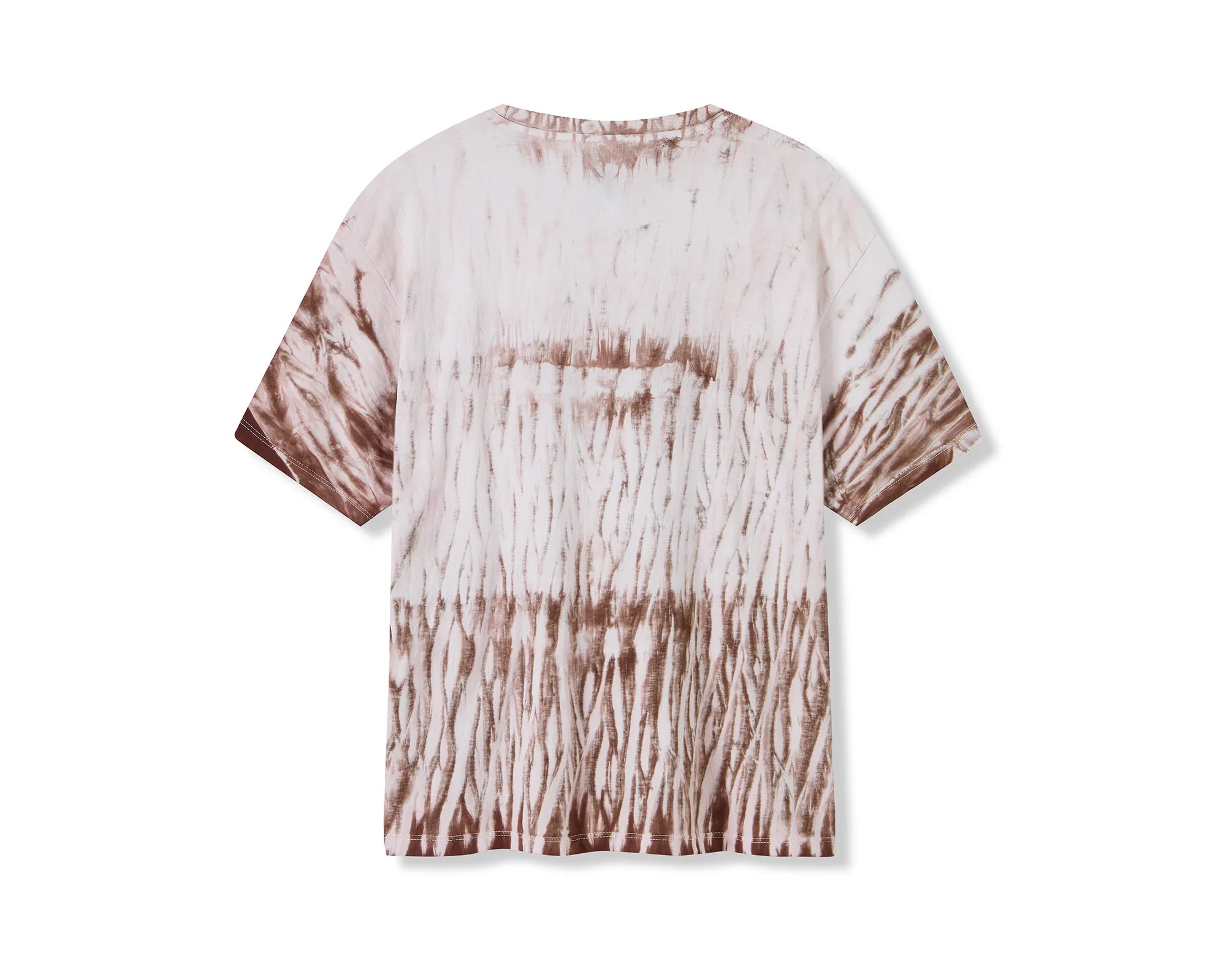 Tie-dye t-shirt with brown and white pattern on a white background