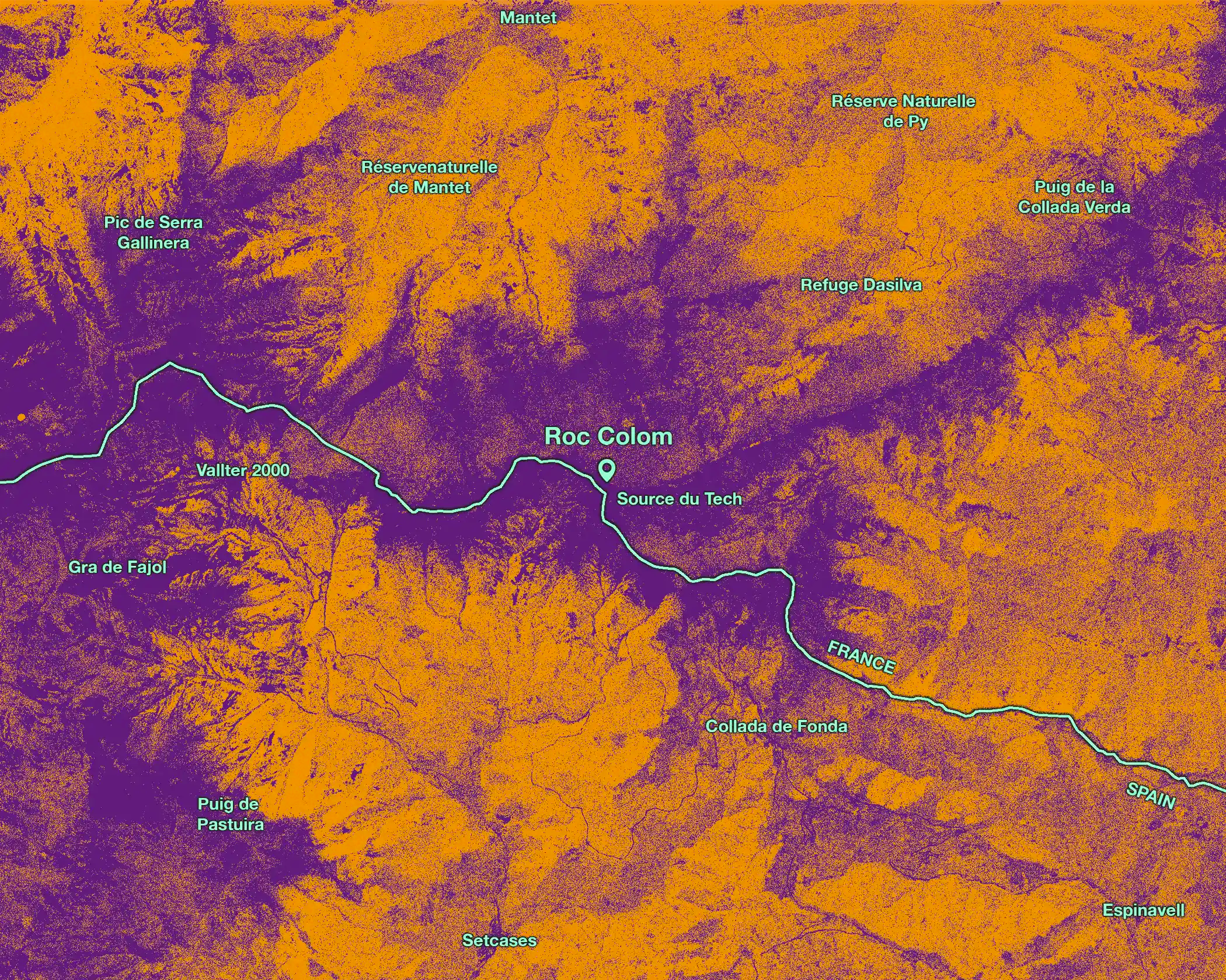 Topographic map of a mountainous area with labeled features and borders