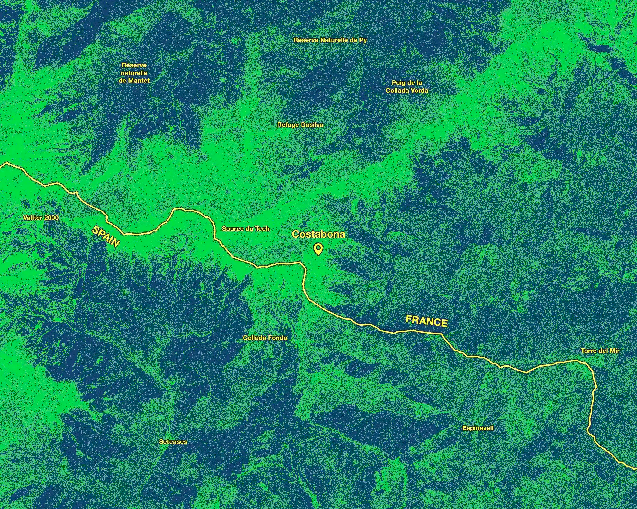 Map of a mountainous region with labeled locations in green and yellow.