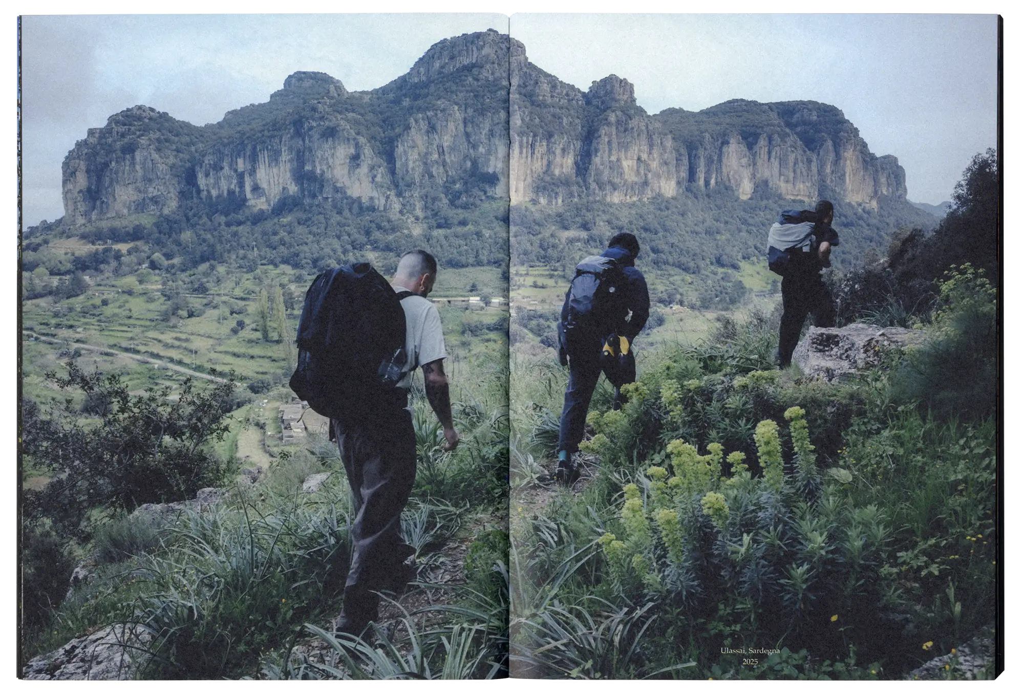 A split photographic print showing three hikers with backpacks traversing a grassy mountain trail with steep rocky cliffs in the background.