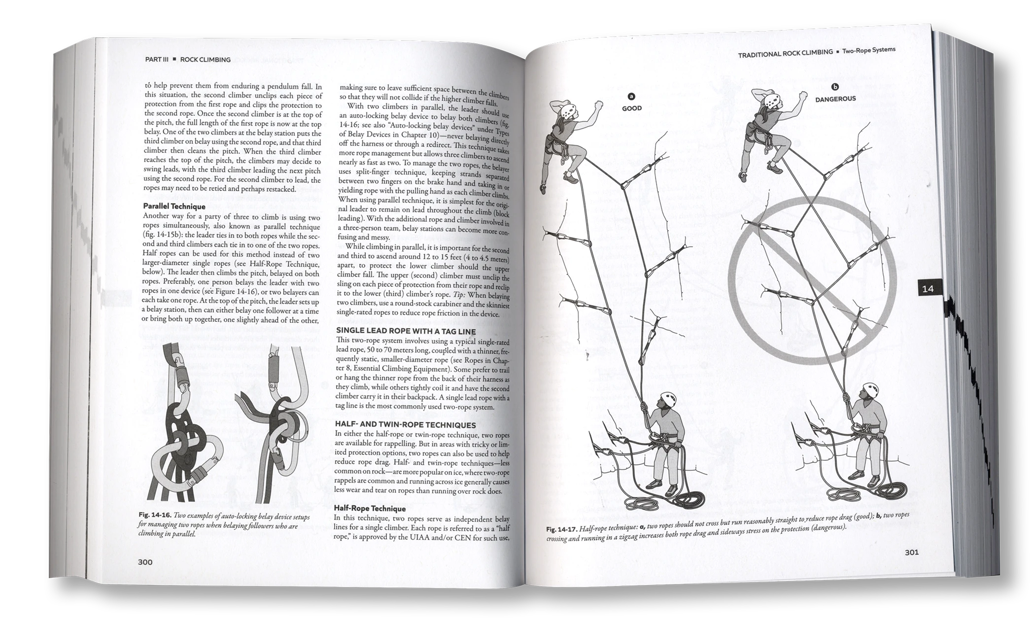 Open book with climbing illustrations and text on a white background