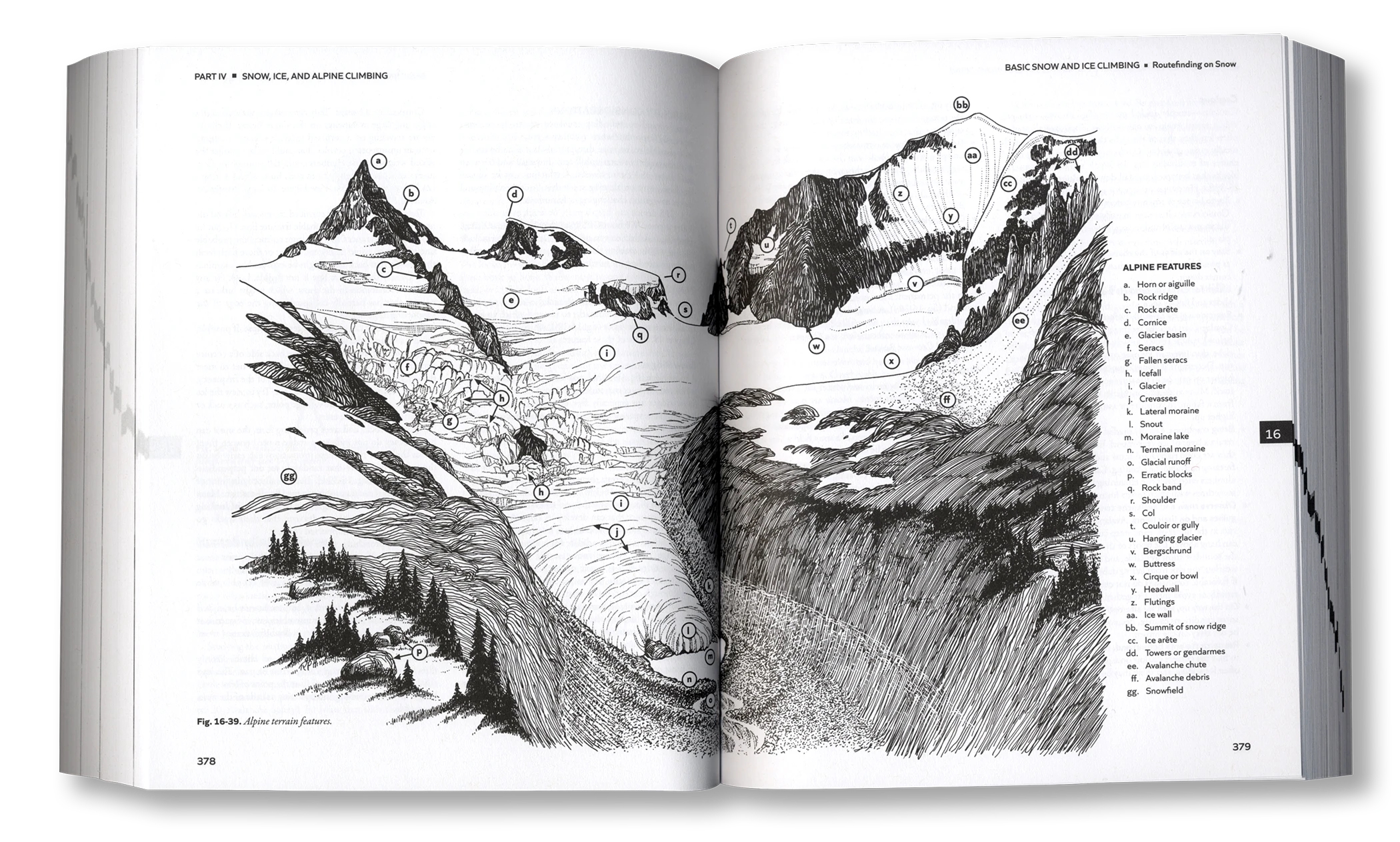 Open book showing detailed black and white illustrations of mountain landscapes.