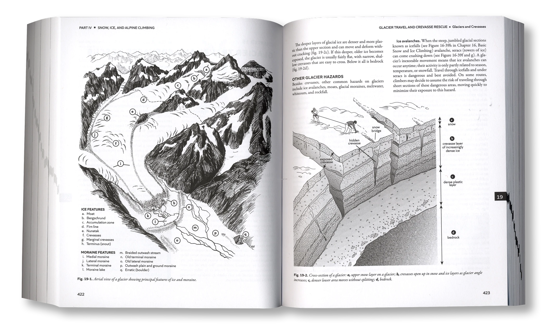Open book showing illustrations of geological features and mountain landscapes.