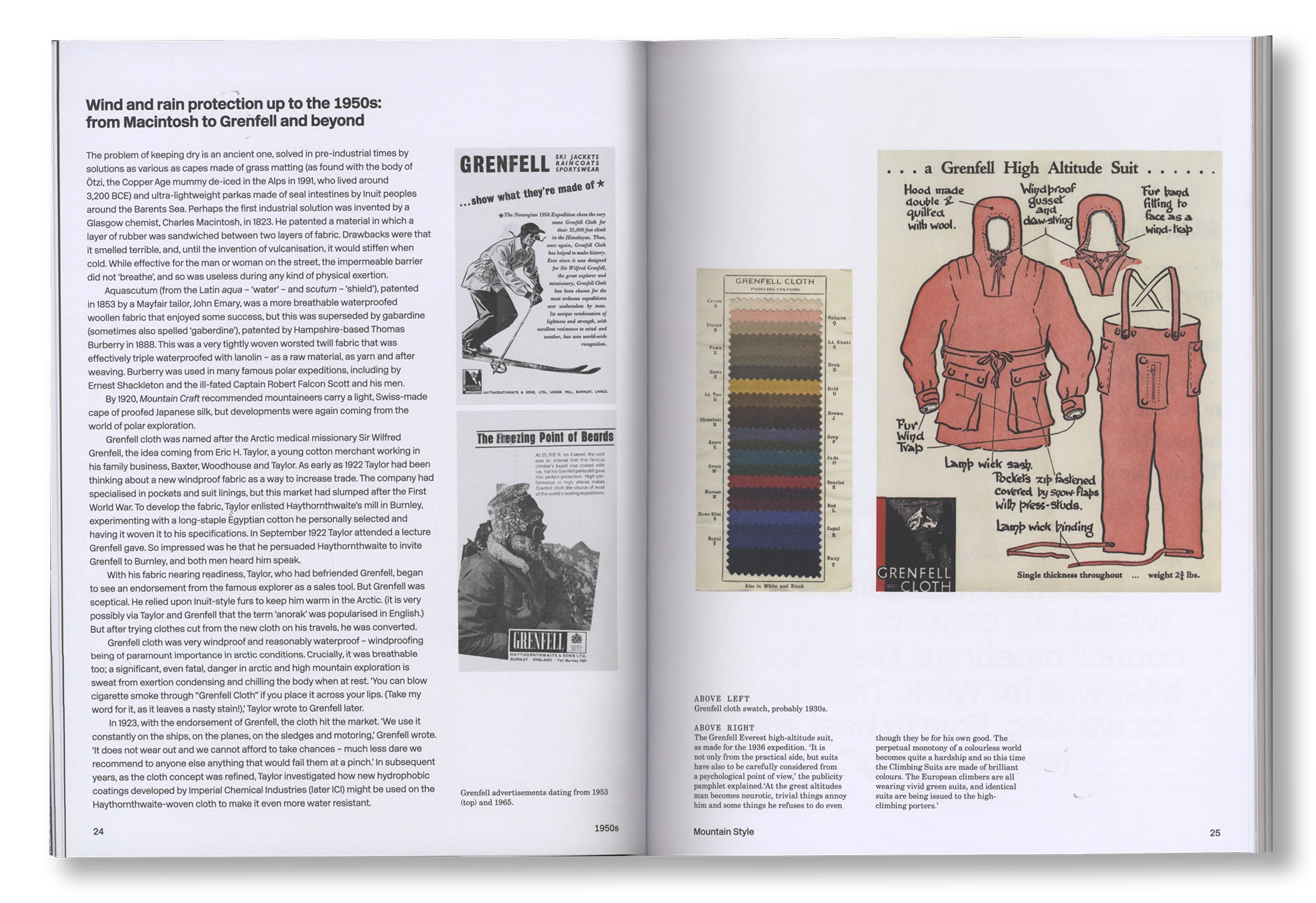 Open book showing text and illustrations of Grenfell high altitude suits.