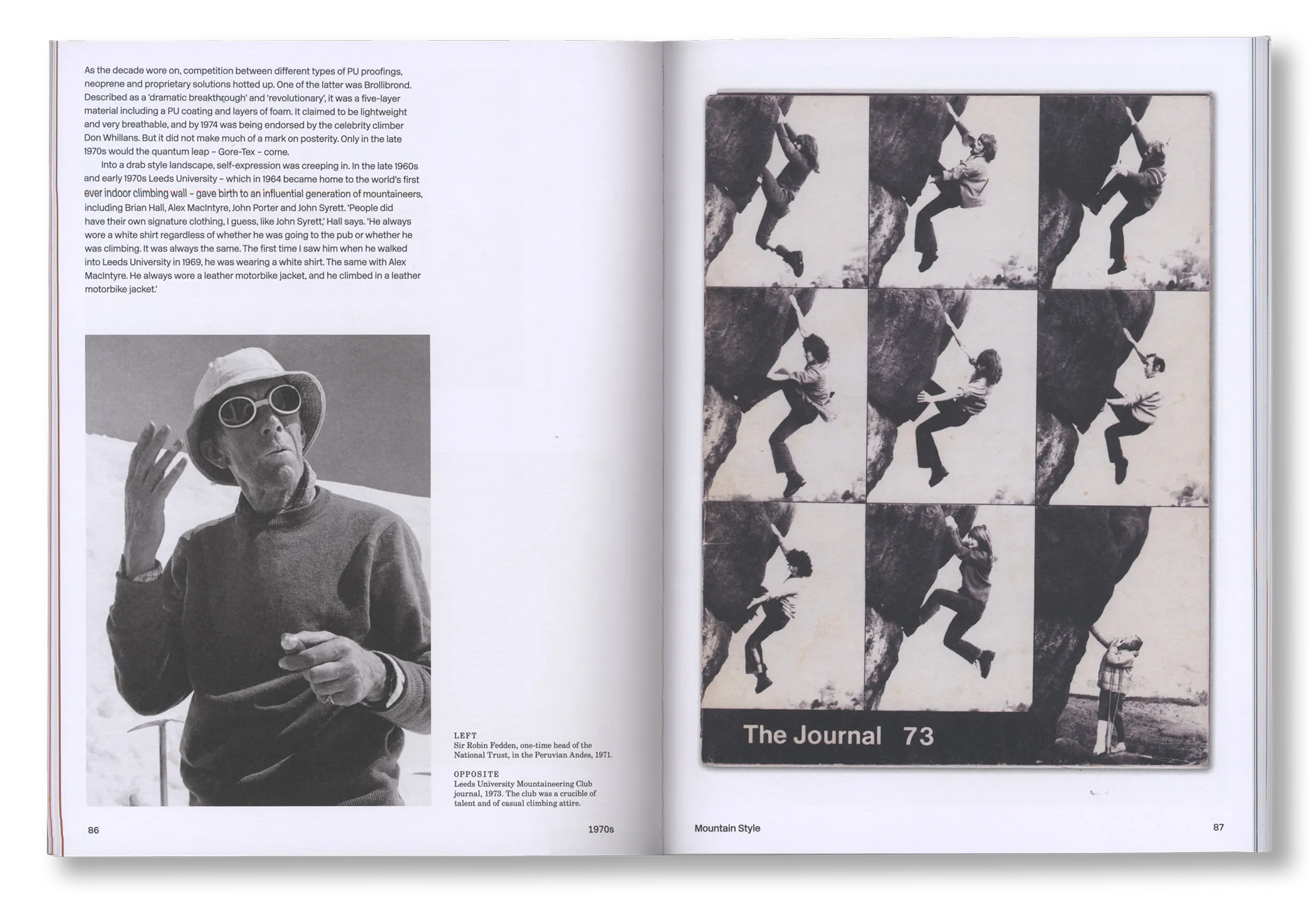 Open spread of a climbing and mountain clothing archive book featuring outdoor apparel imagery and editorial layouts
