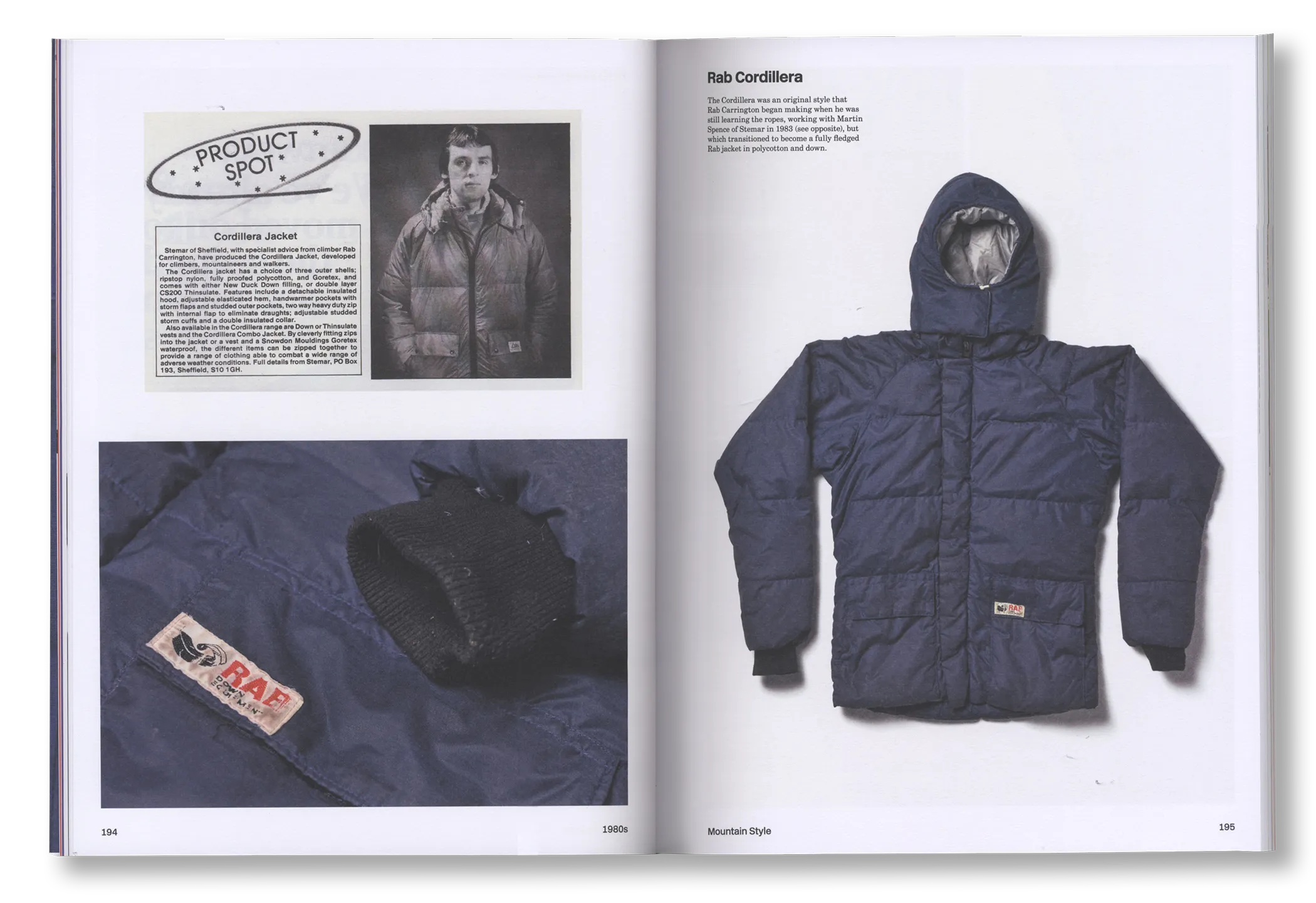 Open spread of a climbing and mountain clothing archive book featuring outdoor apparel imagery and editorial layouts
