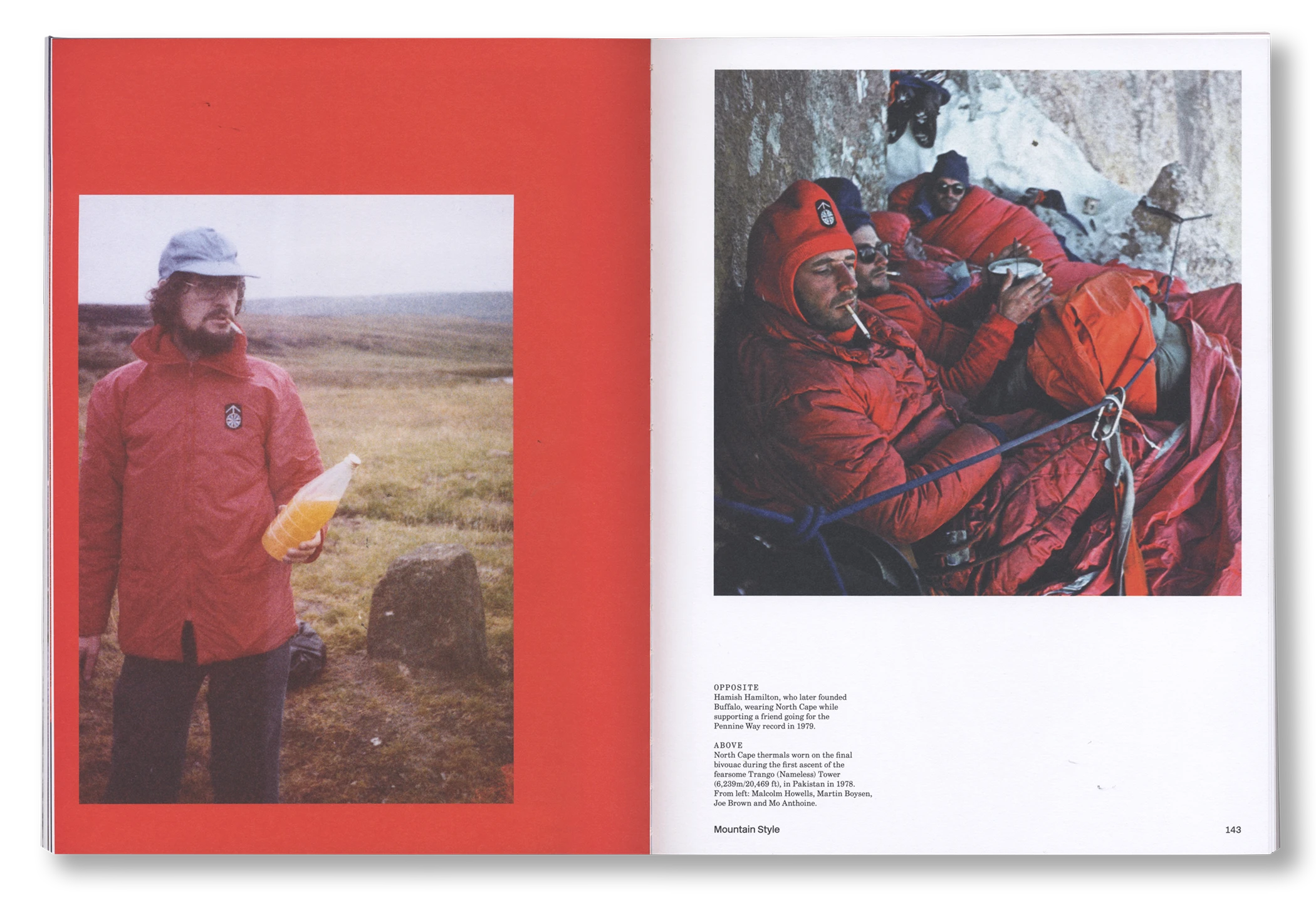 Book open to a page with two images: one of a person in a red jacket outdoors, another of people in red gear in a snowy landscape.