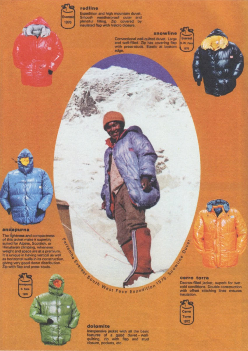 Vintage advertisement for winter jackets with a person in a snowy landscape.