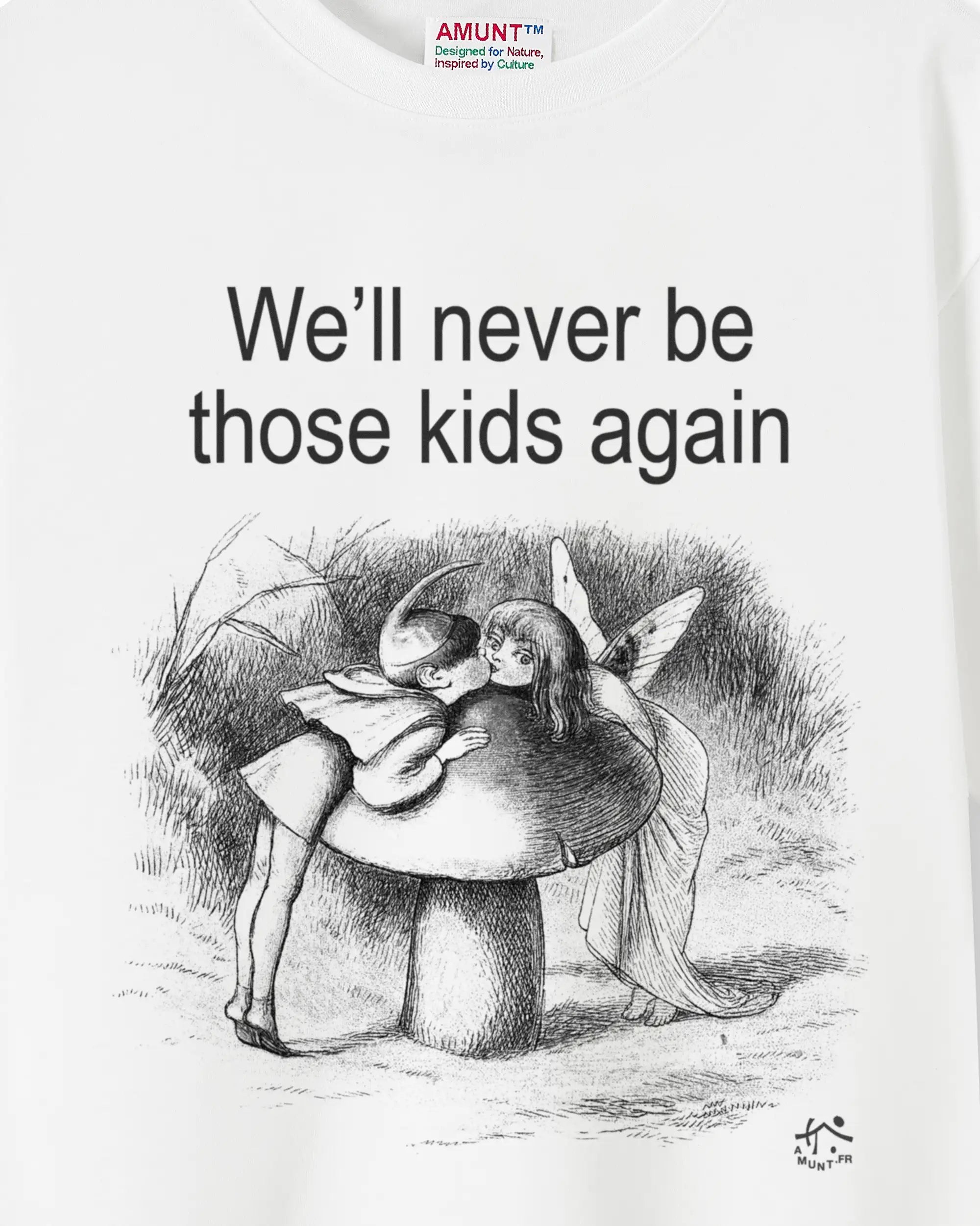 Illustration of two fairies hugging with text 'We'll never be those kids again' on a white background.