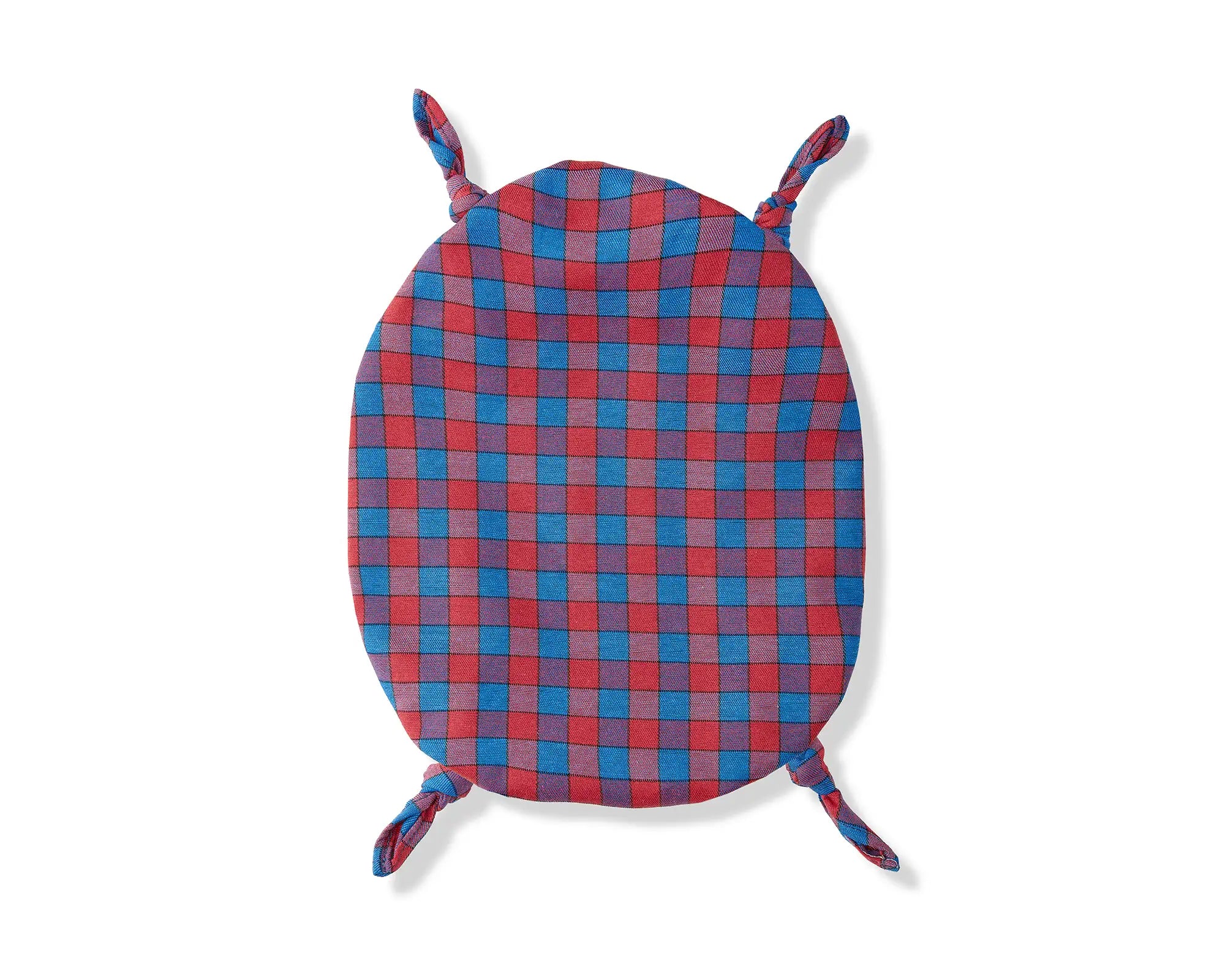 Red and blue checkered cap shaped like a turtle on a white background