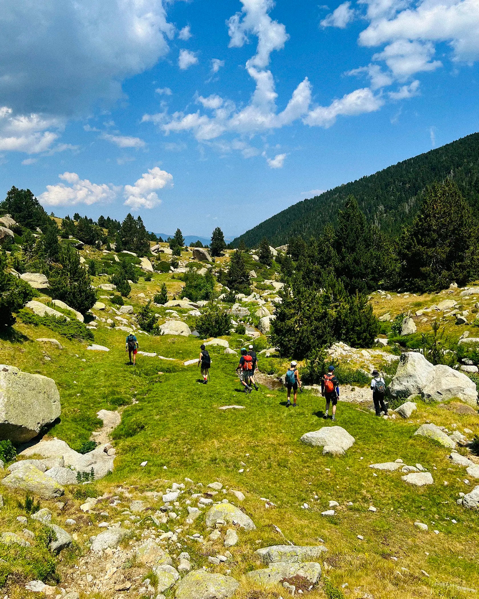 A scenic mountain landscape with a group of hikers walking across a grassy, rocky slope under a blue sky with white clouds.