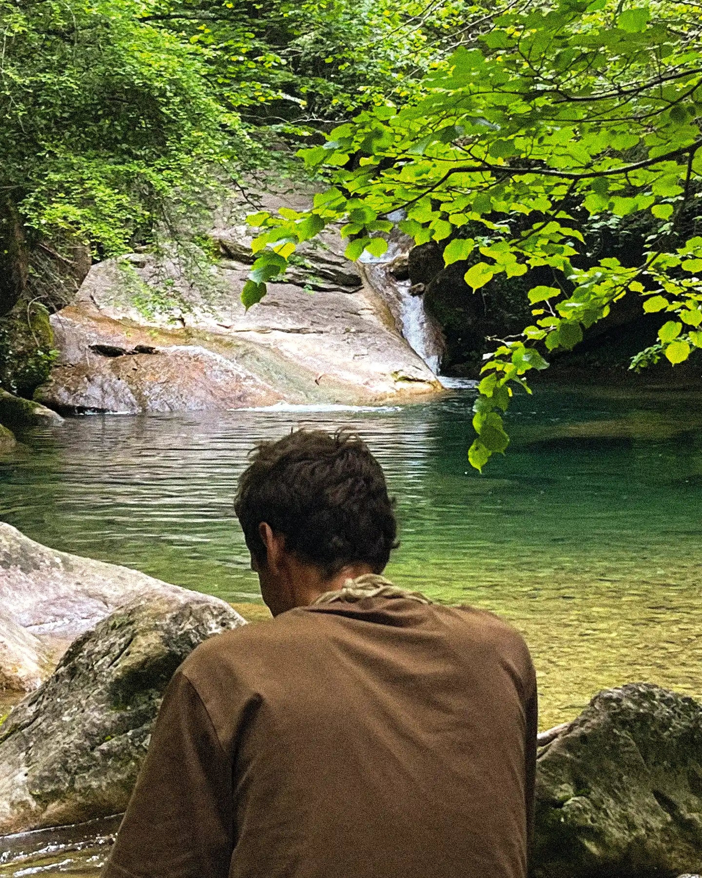 Person sitting by a serene stream surrounded by greenery