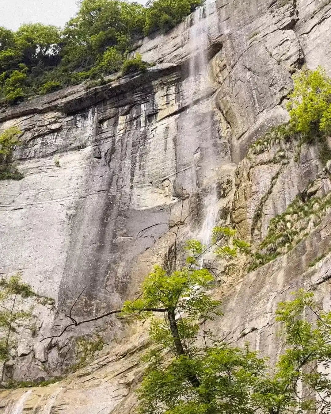 Waterfall cascading down a rocky cliff face with greenery.