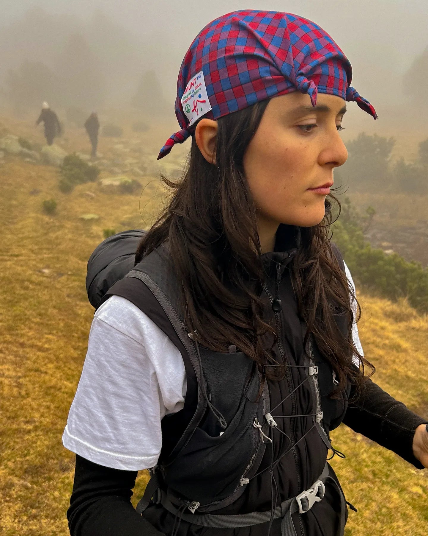 Person hiking with a red and blue checkered headscarf in a misty landscape